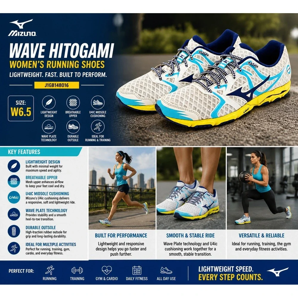Mizuno Wave Hitogami Womens Size W6.5 White Blue Yellow Running Shoes J1GB148016
